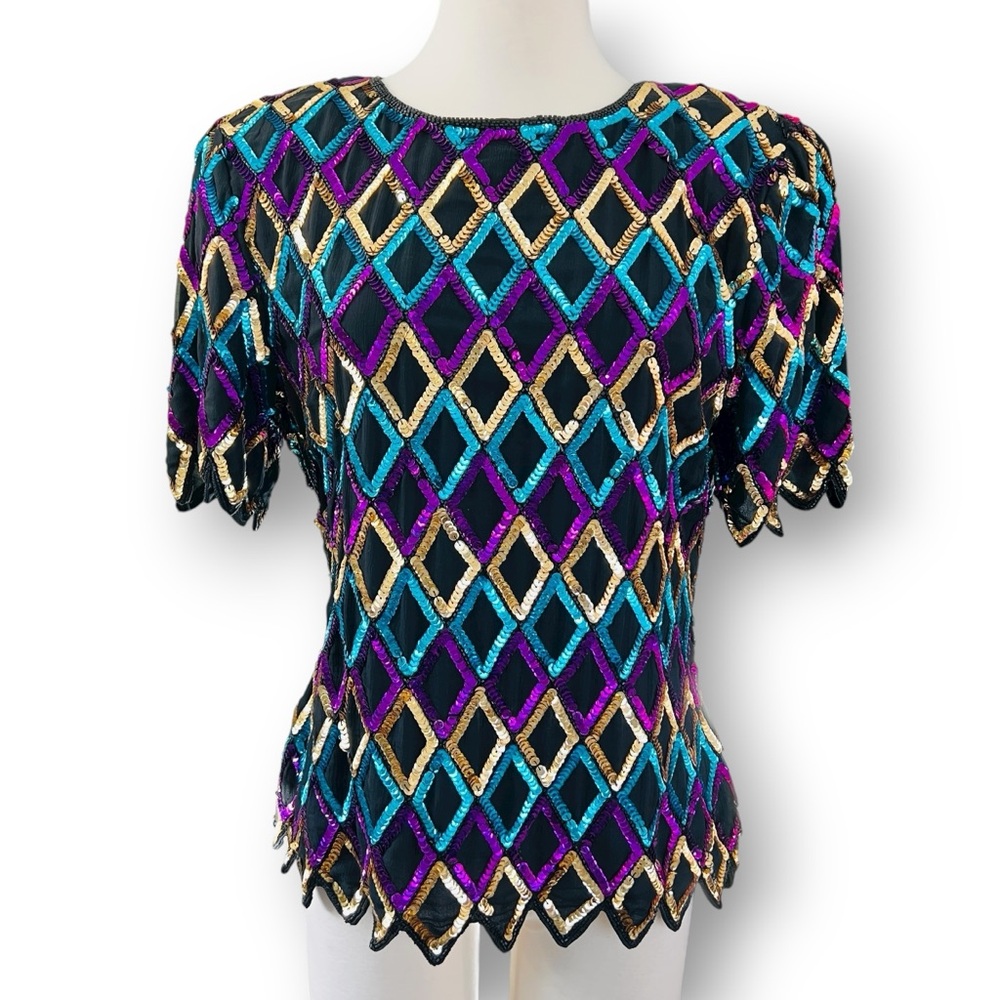 Vintage Stenay 100% Silk Mardi Gras Colors Sequin Short Sleeved Blouse